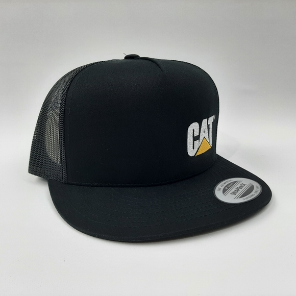Caterpillar Cat Flat Bill Trucker Mesh Snapback Cap Hat Black Embroidered - Picture 3 of 4
